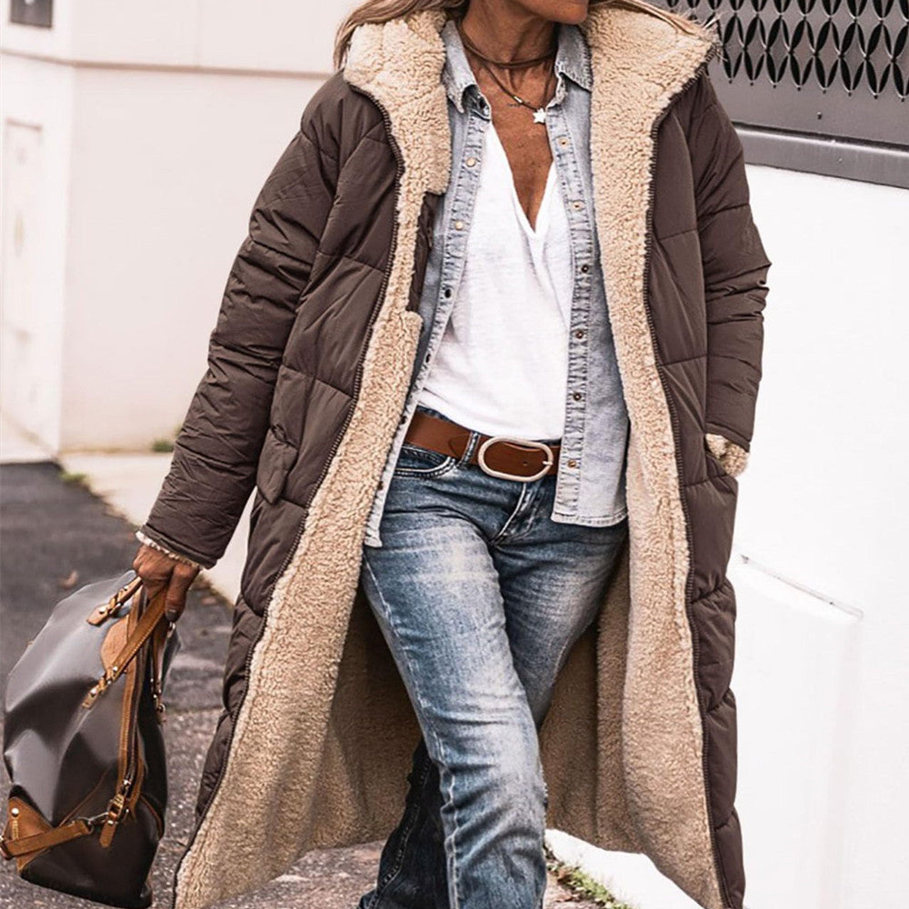 Solid Color Hooded Long Coat Winter Long Sleeve Double-sided Elegant Cardigan Jacket Top Women's Clothing