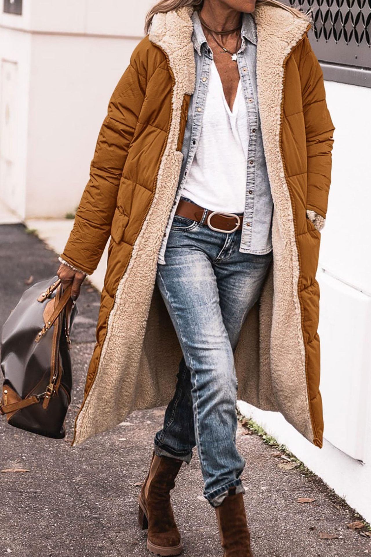 Solid Color Hooded Long Coat Winter Long Sleeve Double-sided Elegant Cardigan Jacket Top Women's Clothing