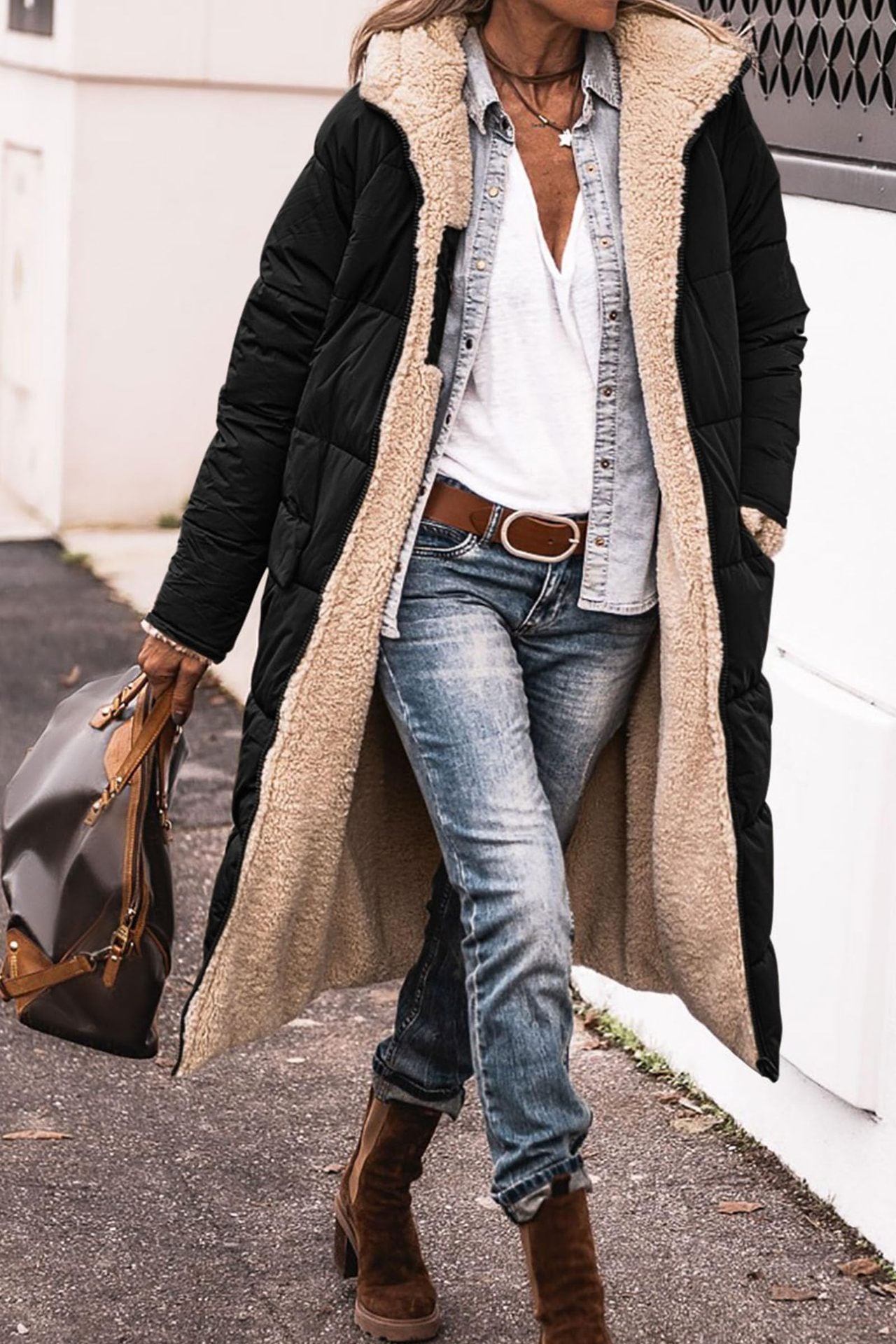 Solid Color Hooded Long Coat Winter Long Sleeve Double-sided Elegant Cardigan Jacket Top Women's Clothing